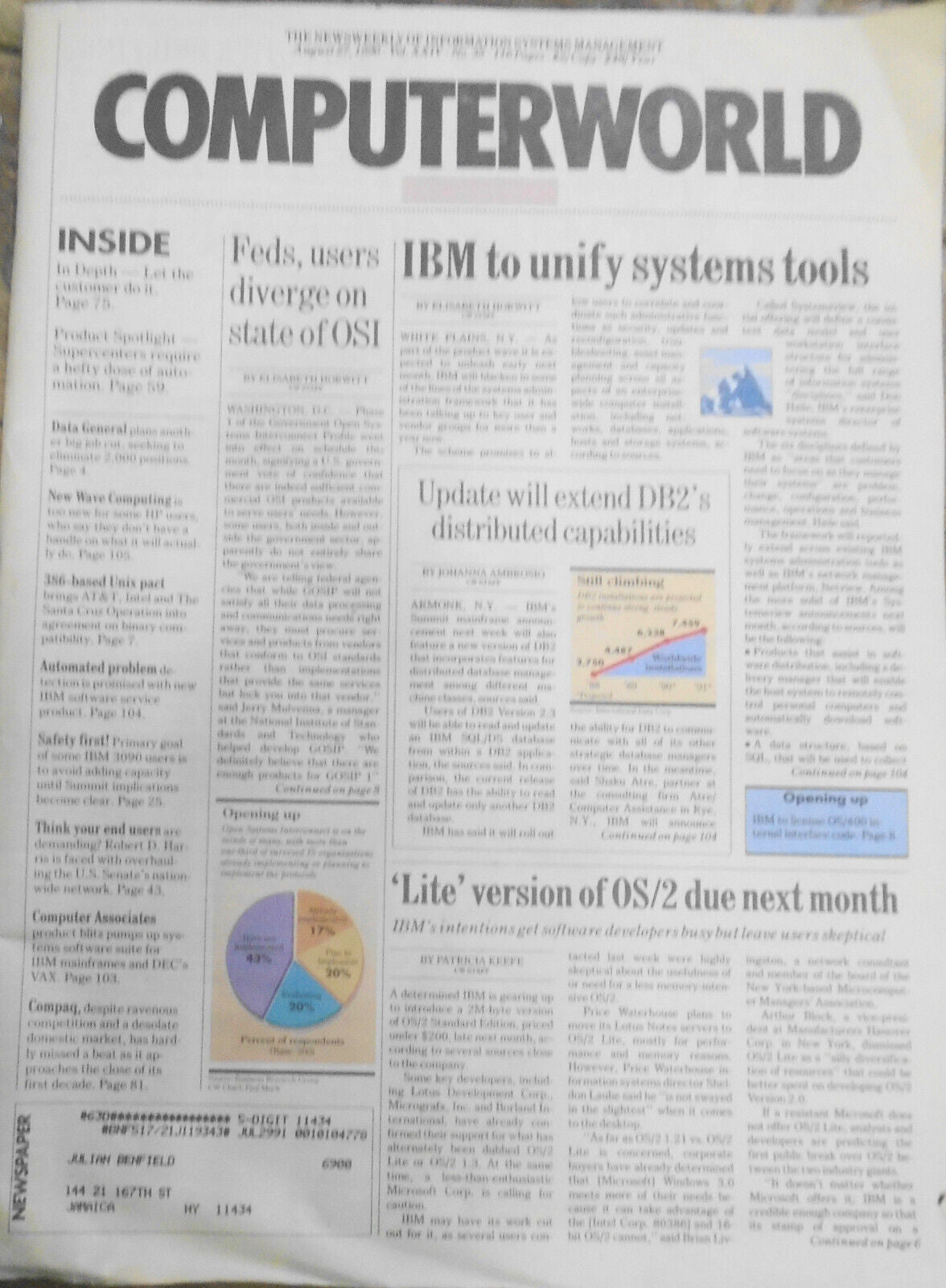 Computerworld Magazine, August 27, 1990 - IBM to unify sytem tools; OS/2 Lite...