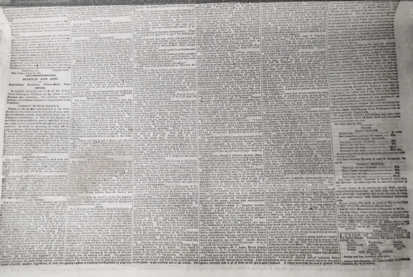 NEW YORK TRIBUNE, April 8, 1864 - Civil War; Irish on Slavery; Metropolitan Fair