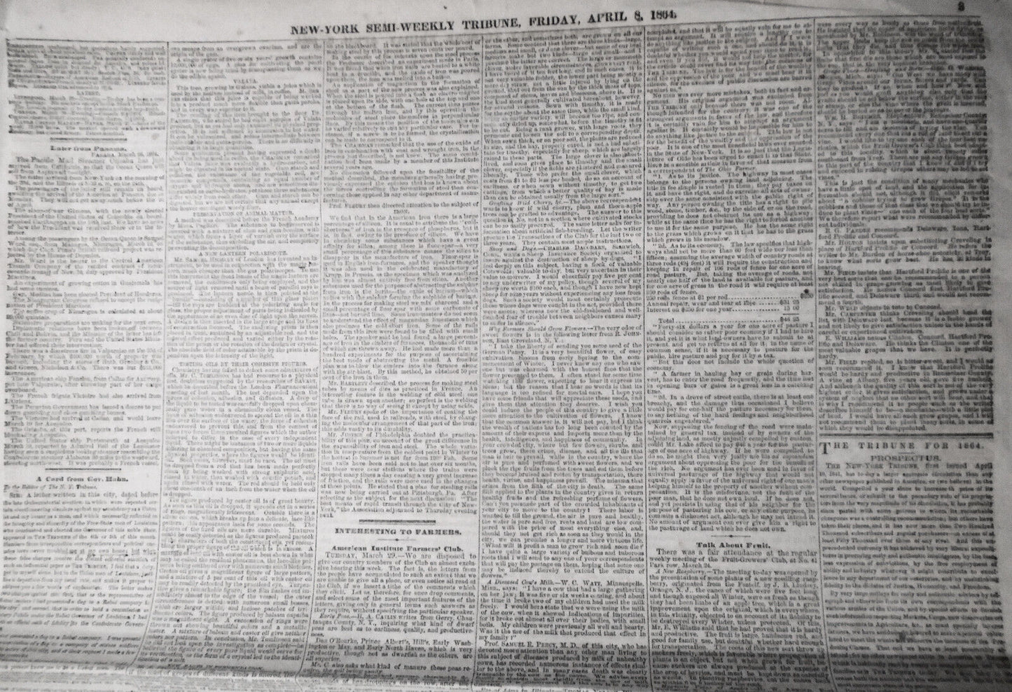 NEW YORK TRIBUNE, April 8, 1864 - Civil War; Irish on Slavery; Metropolitan Fair