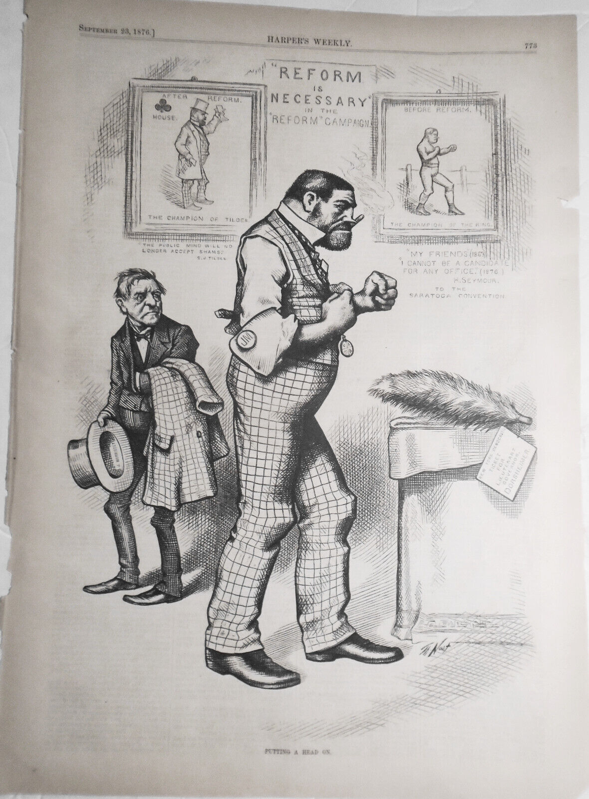 "Putting a Head On" by Thomas Nast. Harper's Weekly, 1876. Original print.