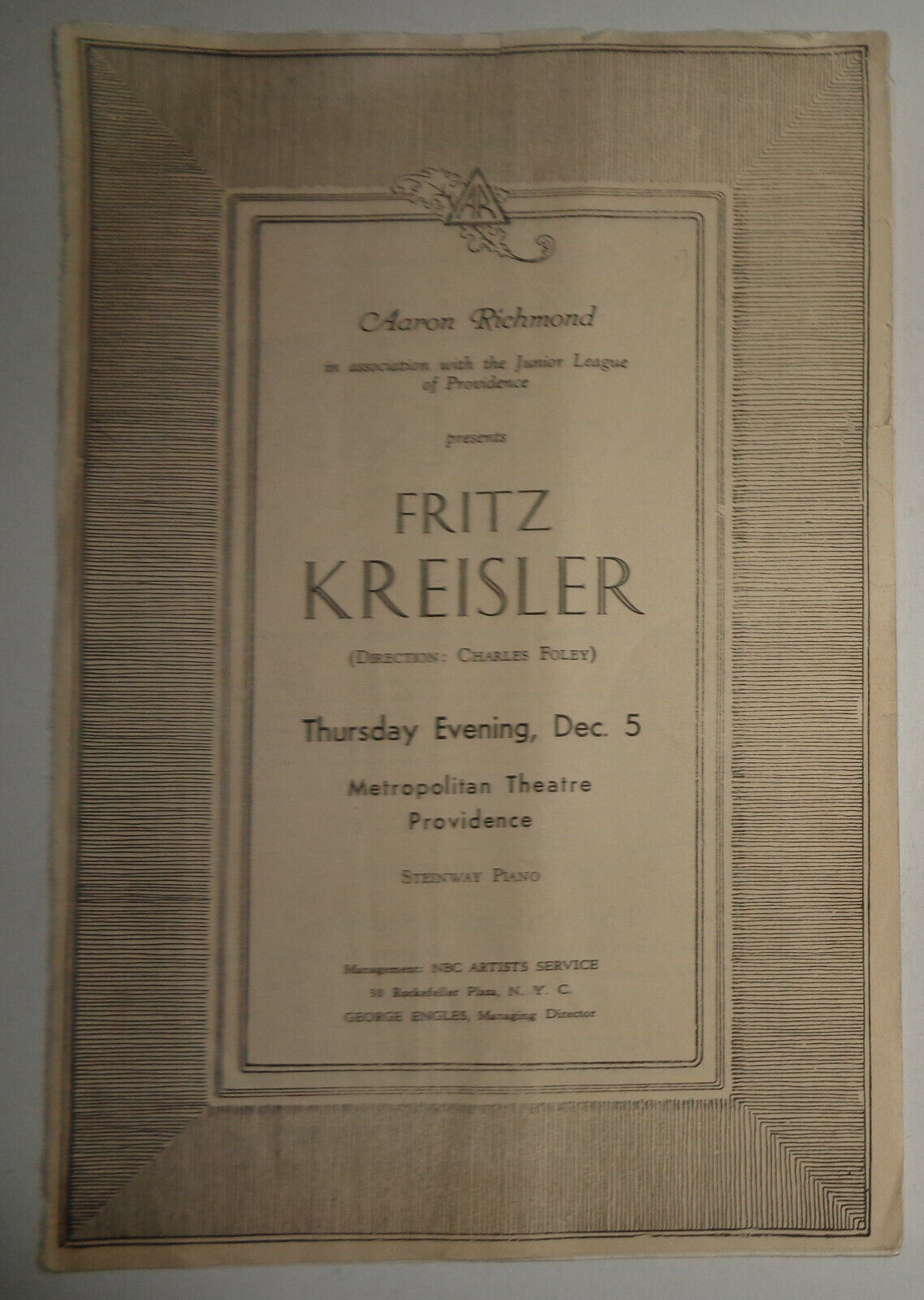 FRITZ KREISLER - PROGRAM - 1935 - METROPOLITAN THEATRE, PROVIDENCE, RI