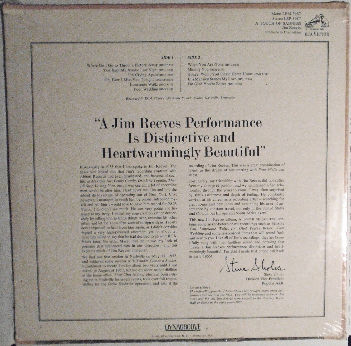 Jim Reeves : A Touch Of Sadness LP (RCA LSP 3987) 1968 SEALED, NEW