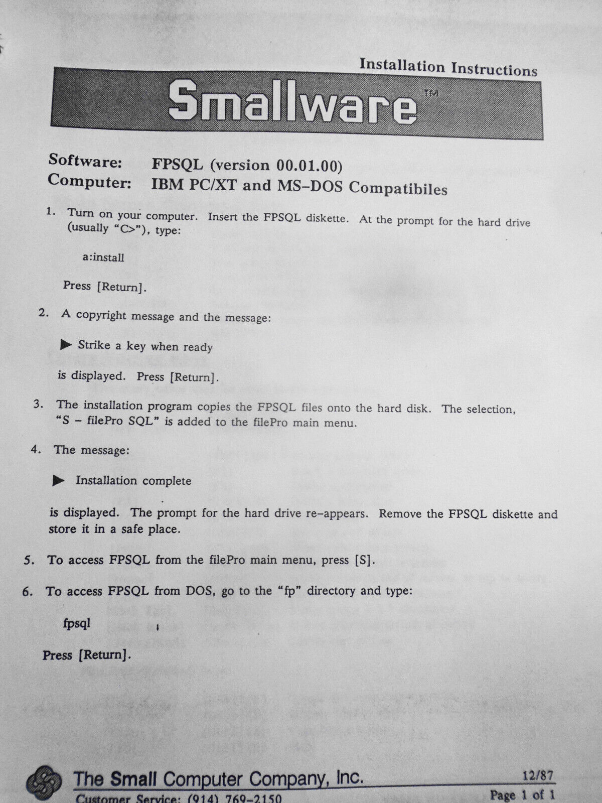 Filepro FPSQL Beta Test Program - Version 00.01.00, 1987 Manual & MSDOS software