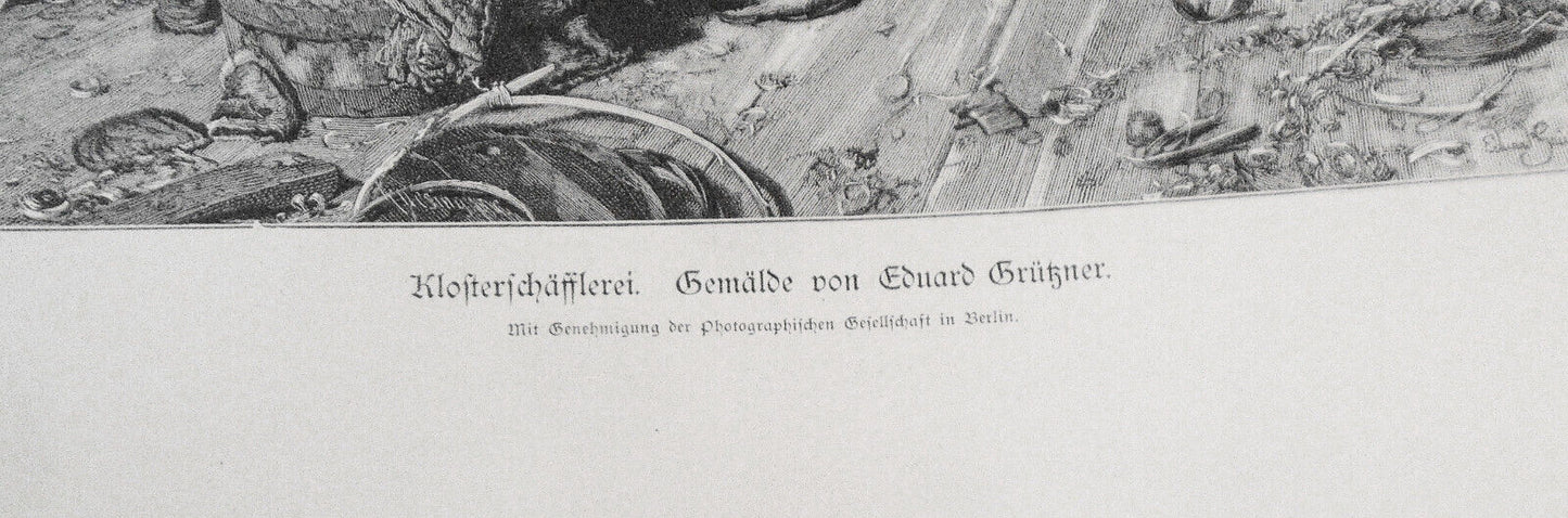 Klosterschasslerei, von Eduard Grutzner - 1886 - Original antique print. 16"x11"