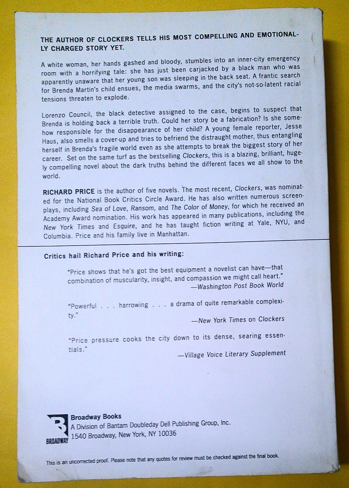 Richard Price - Freedomland - SIGNED Bound galley. Uncorrected proof. 1998.