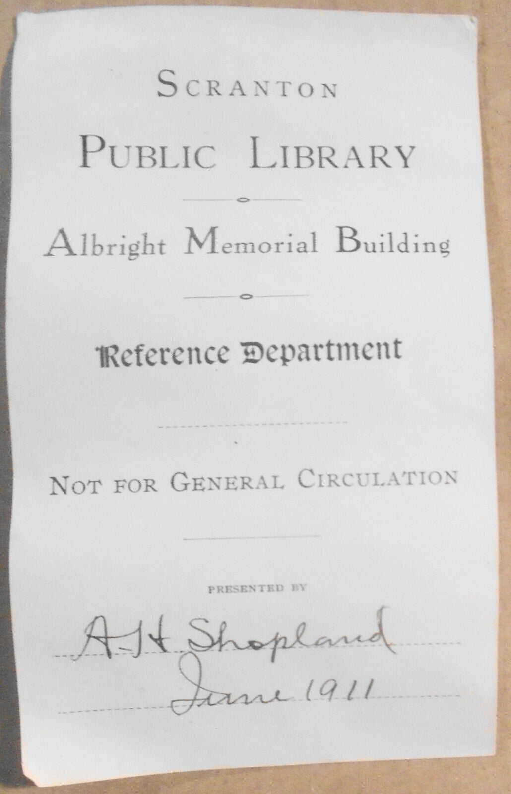Scranton Public Library, Albright Memorial Building - Ex Libris Bookplate.