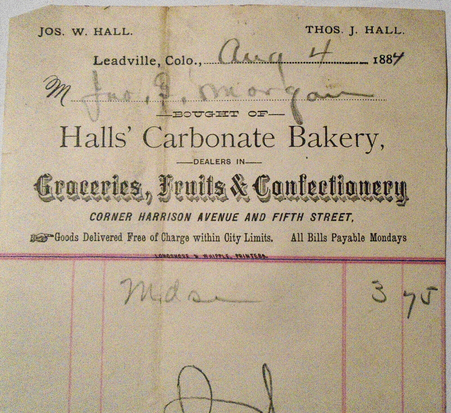 1884 Halls' Carbonate Bakery - Groceries... Billhead receipt. Leadville Colorado