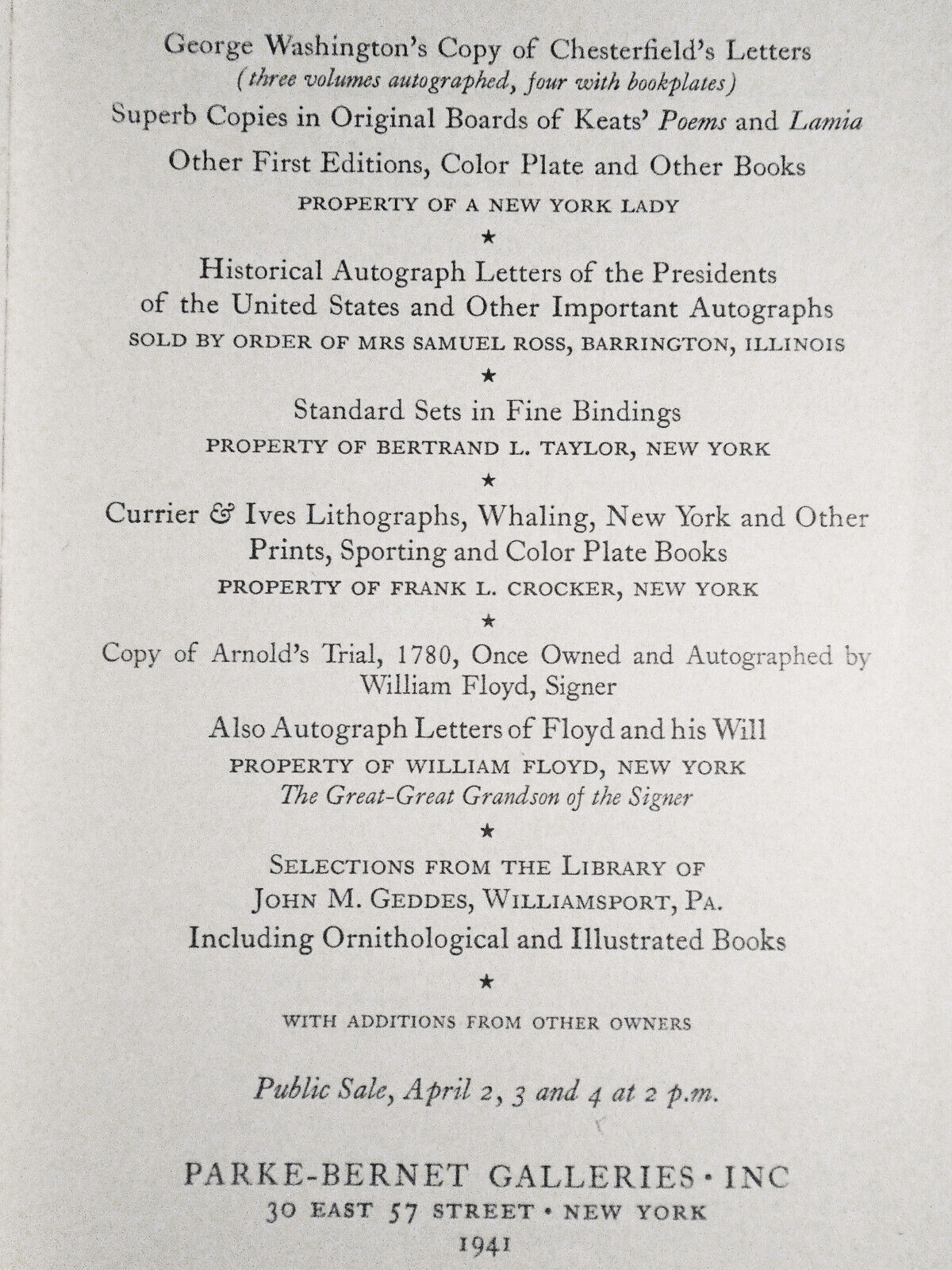 George Washington's Copy Of Chesterfield's Letters. Parke-Bernet 1941