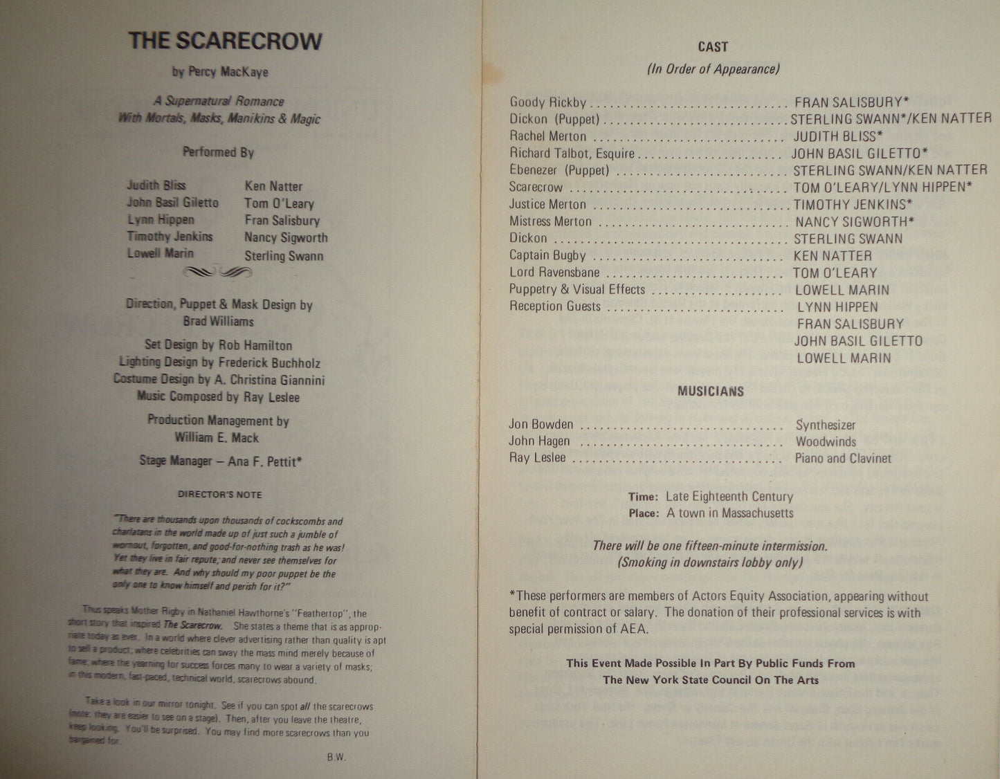 THE SCARECROW - PROGRAM - LIMITED ENGAGEMENT: NOV 5 - DEC 6, 1981