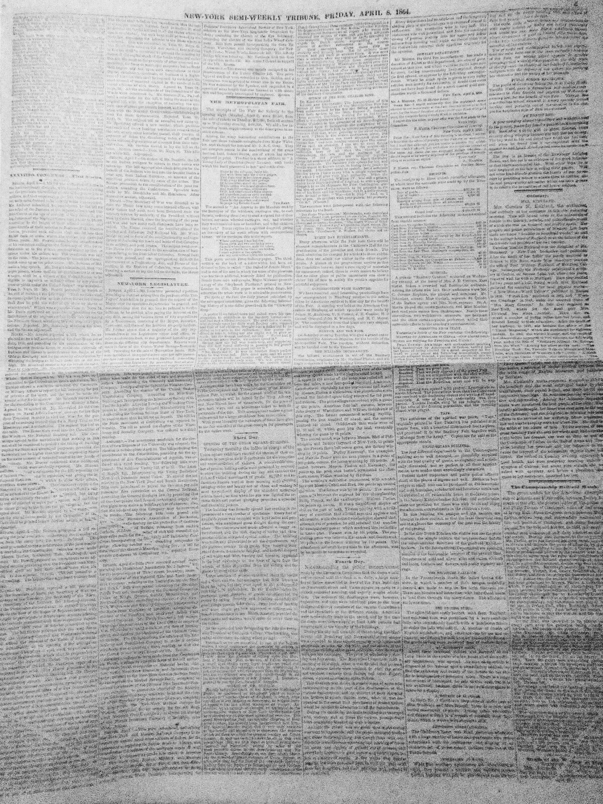 NEW YORK TRIBUNE, April 8, 1864 - Civil War; Irish on Slavery; Metropolitan Fair