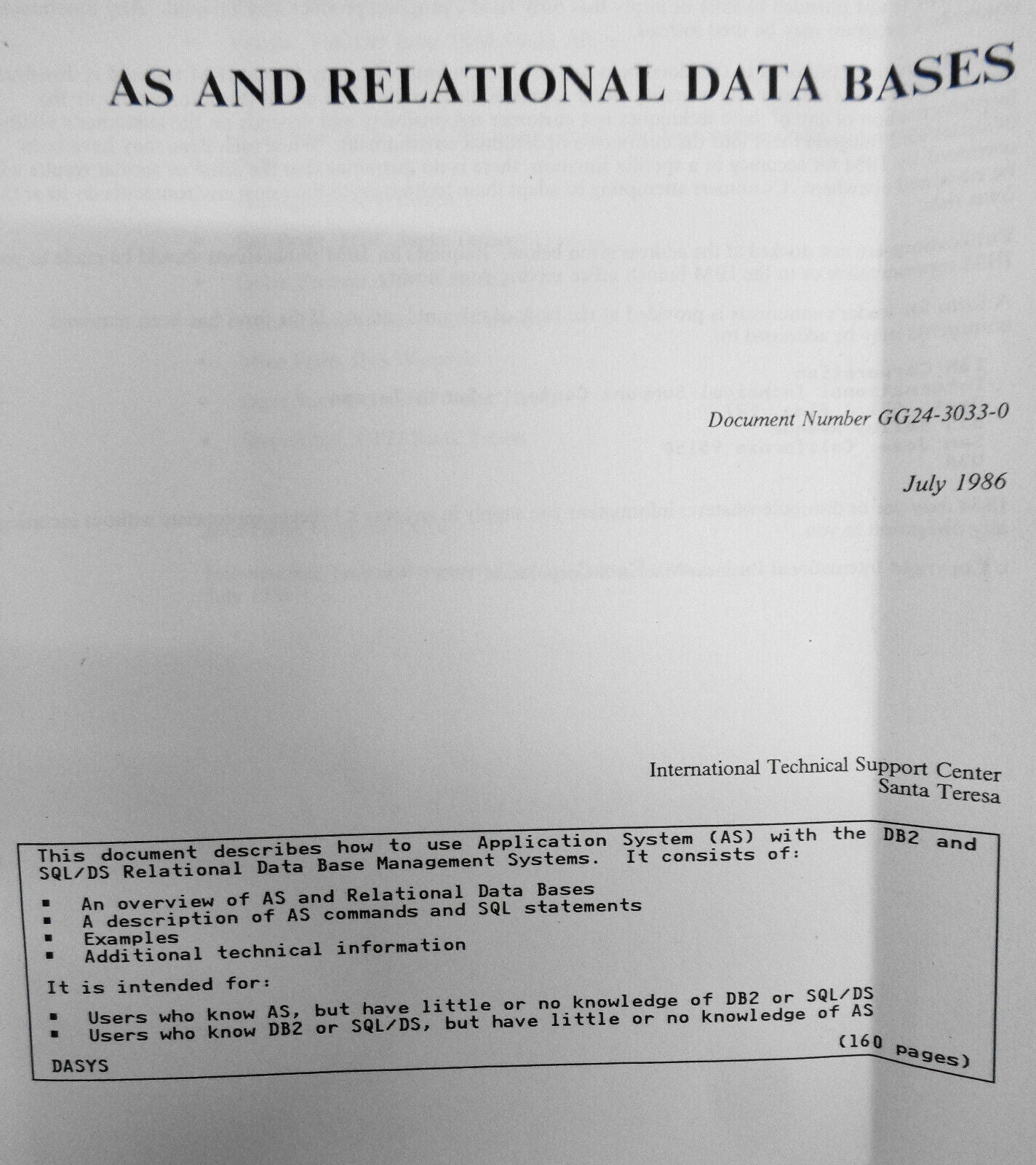 AS (Application System) and Relational Data Bases - IBM Technical Support Center