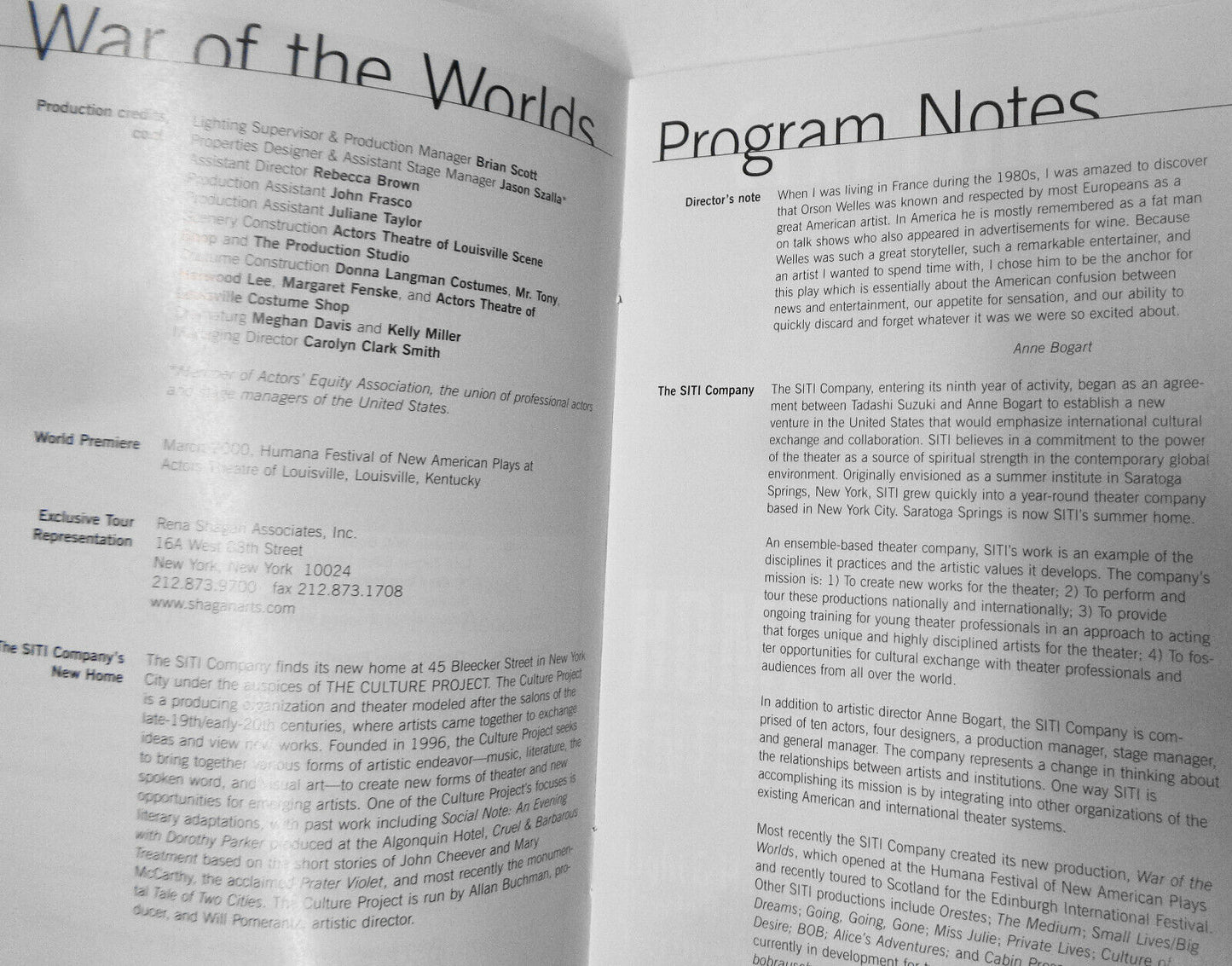 War of the Worlds, Stagebill - Brooklyn Academy Of Music, Oct 2000 Next Wave Fes