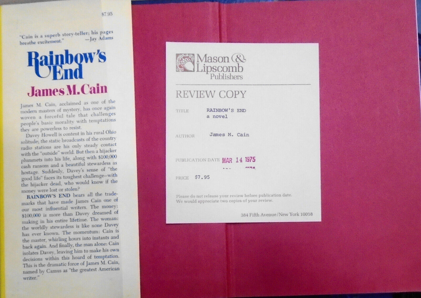 James M. Cain - Rainbow's End - First Edition 1975 Hardcover. Review copy.