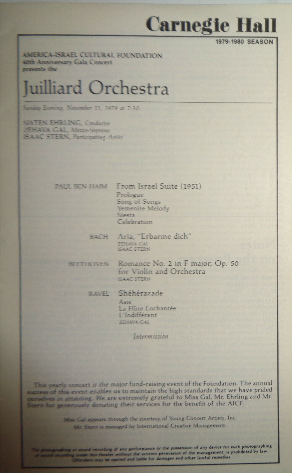JUILLIARD ORCHESTRA / ISAAC STERN - CARNEGIE HALL STAGEBILL - NOV. 11, 1979