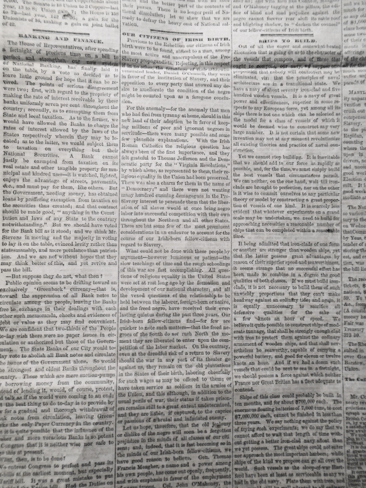 NEW YORK TRIBUNE, April 8, 1864 - Civil War; Irish on Slavery; Metropolitan Fair