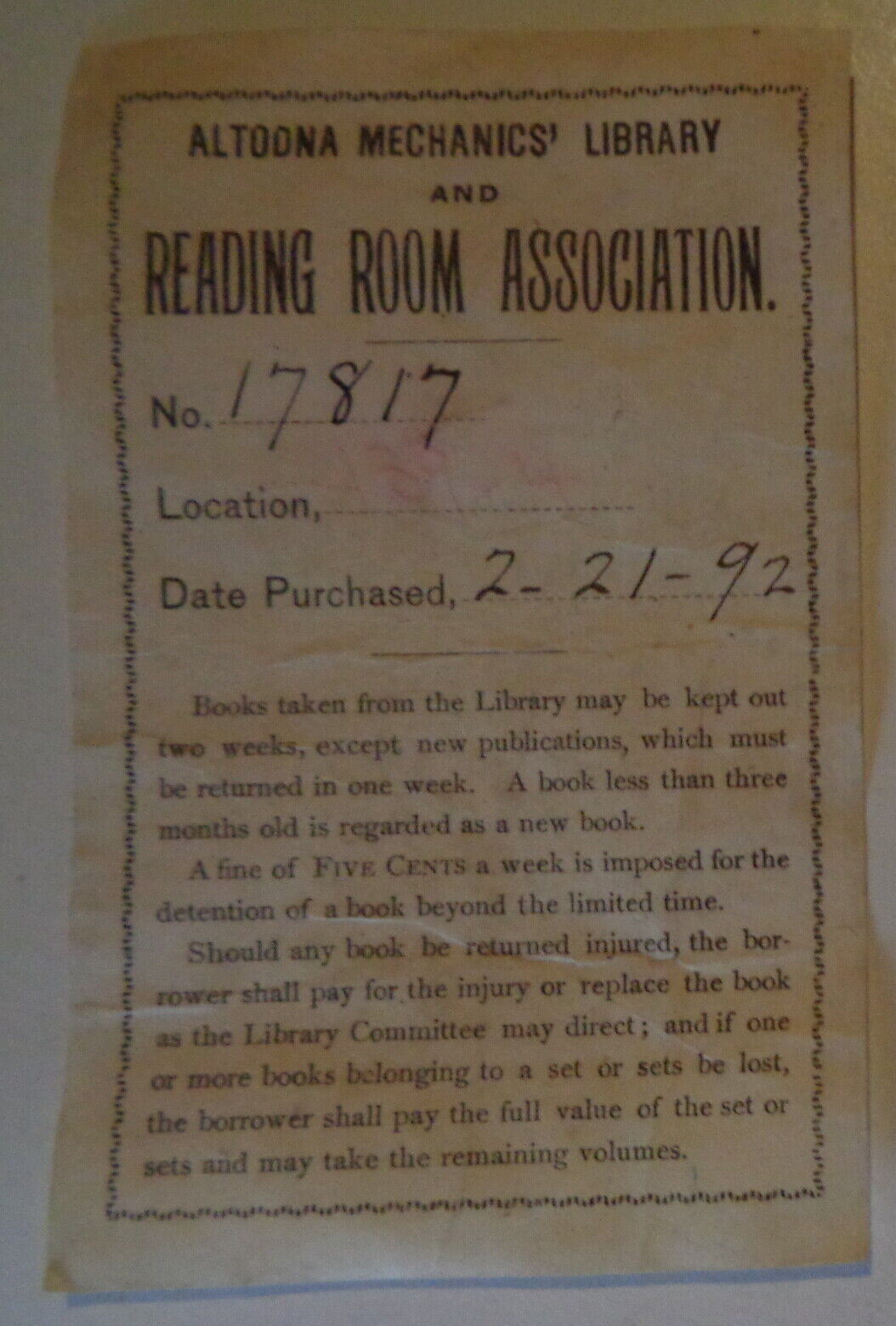 Altoona Mechanics' Library Ex Libris bookplate - 1892