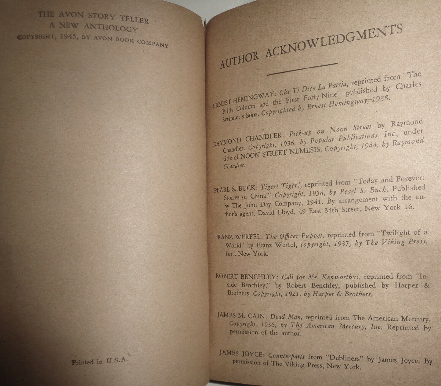 The Avon Story Teller. 1st printing, 1945. Ernest Hemingway; James Joyce