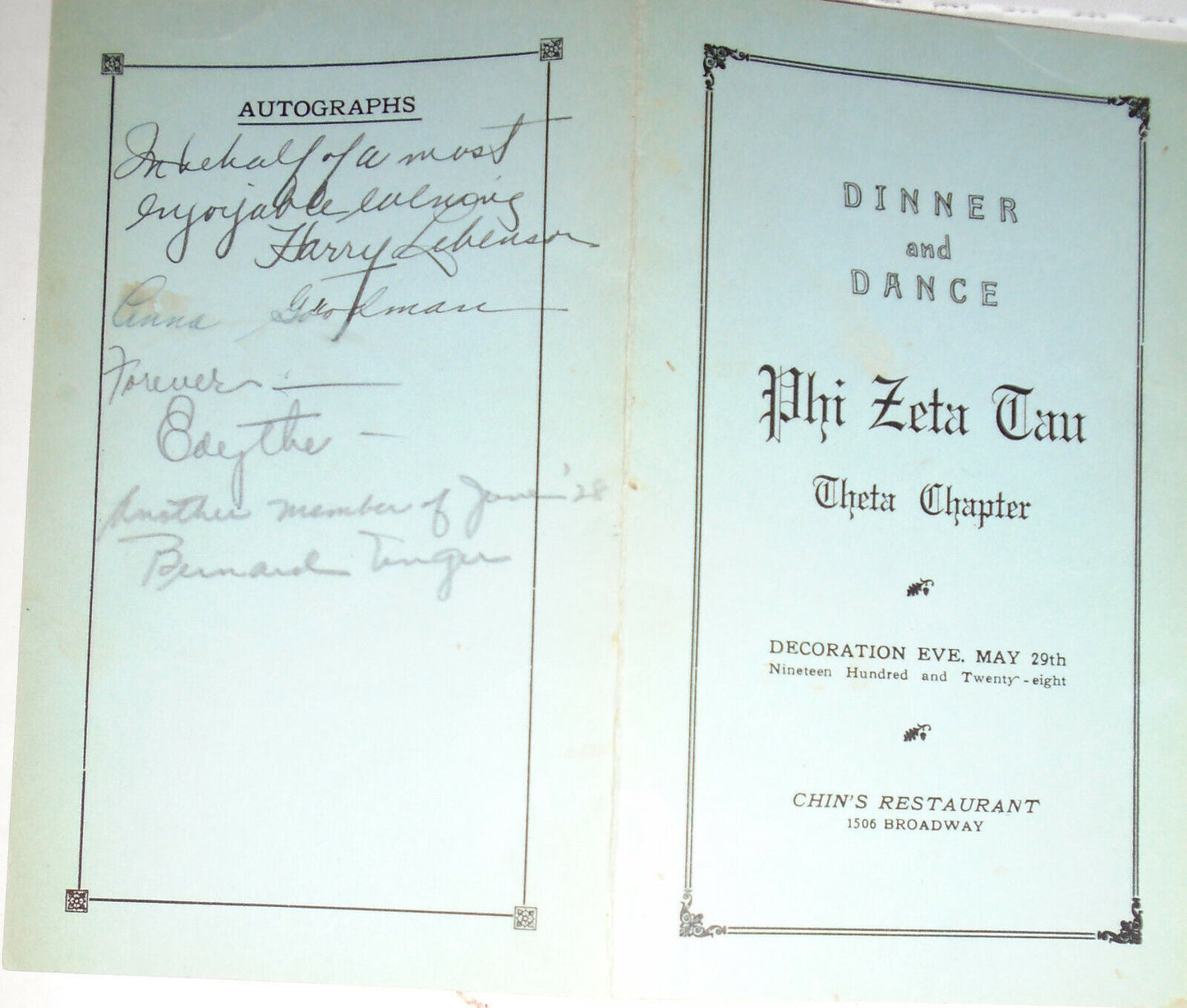 1928 Phi Zeta Tau, Dinner Dance - Chin's Restaurant, New York City, with Menu