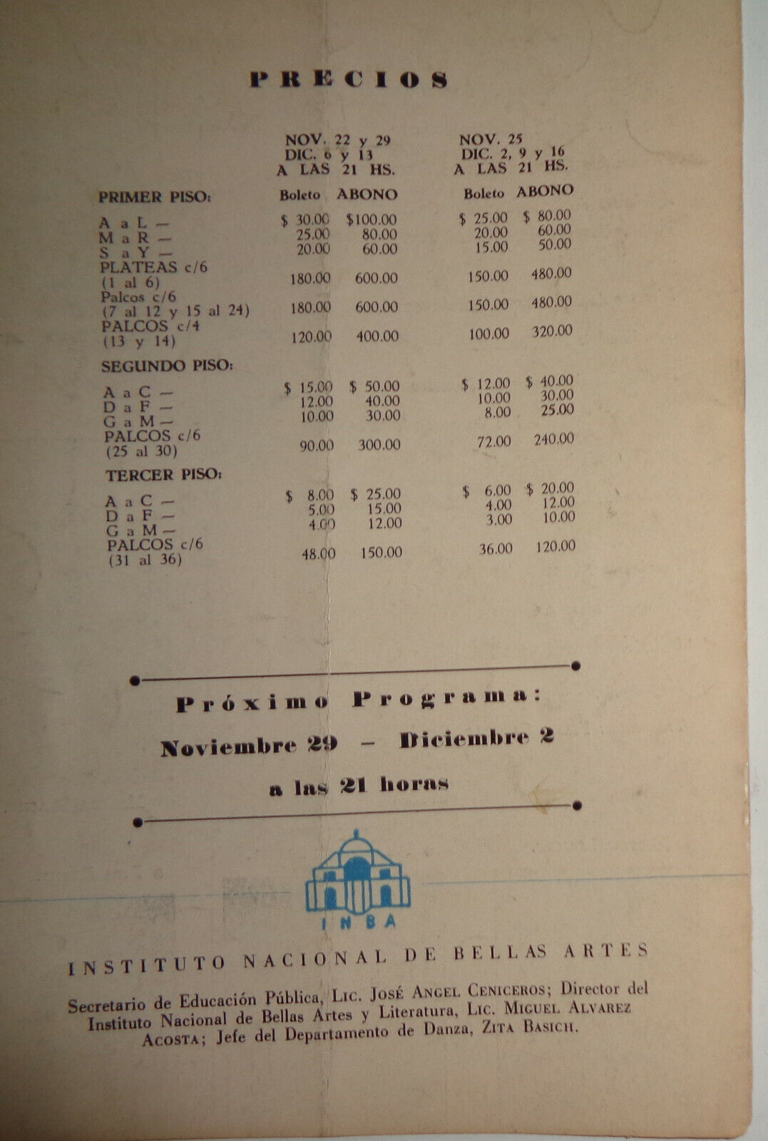 BALLET DE BELLAS ARTES - PROGRAMME 1955 - TEMPORADA DE DANZA MODERNA