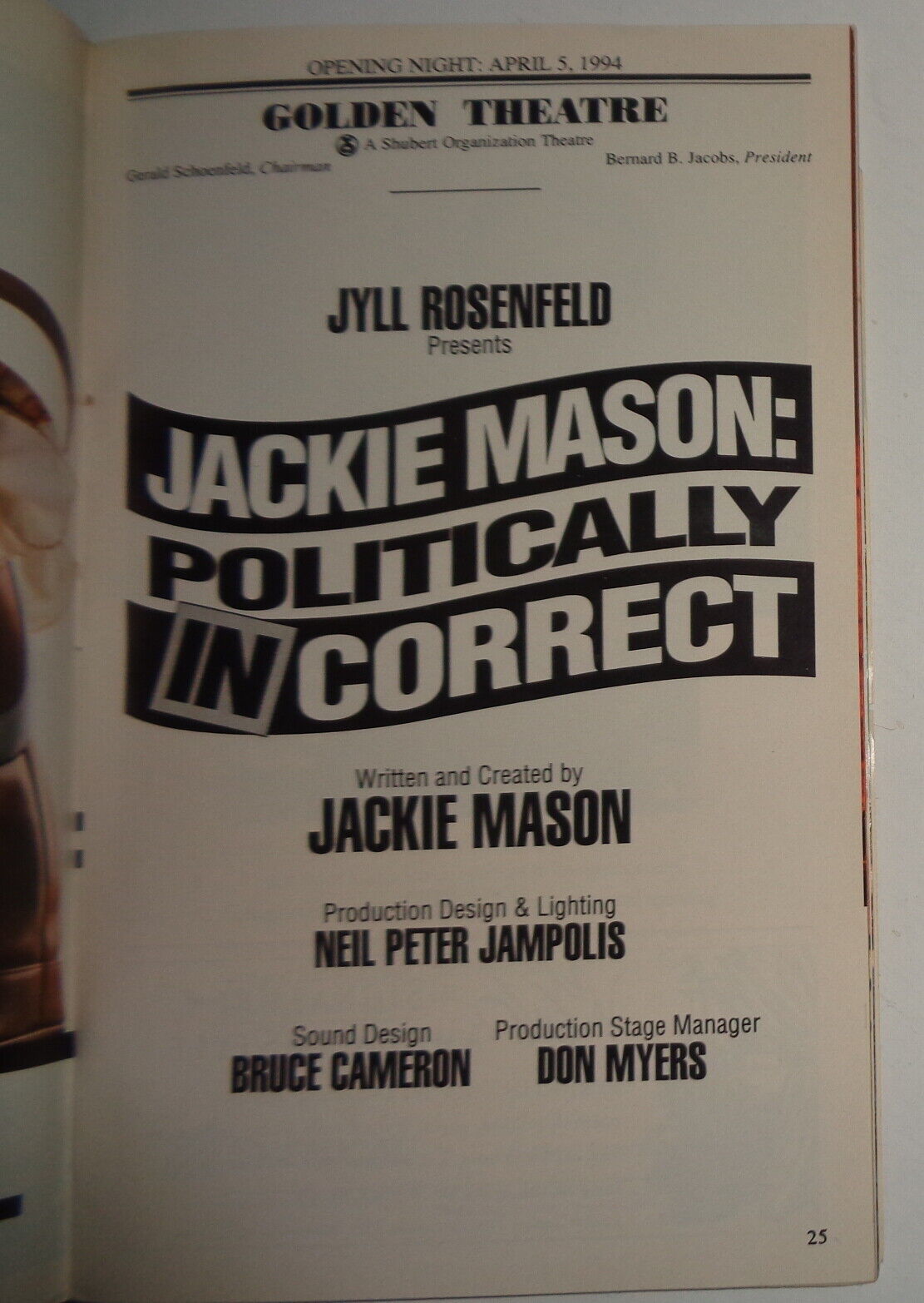 Jackie Mason: Politically Incorrect - Playbill - Opening Night: April 5, 1994