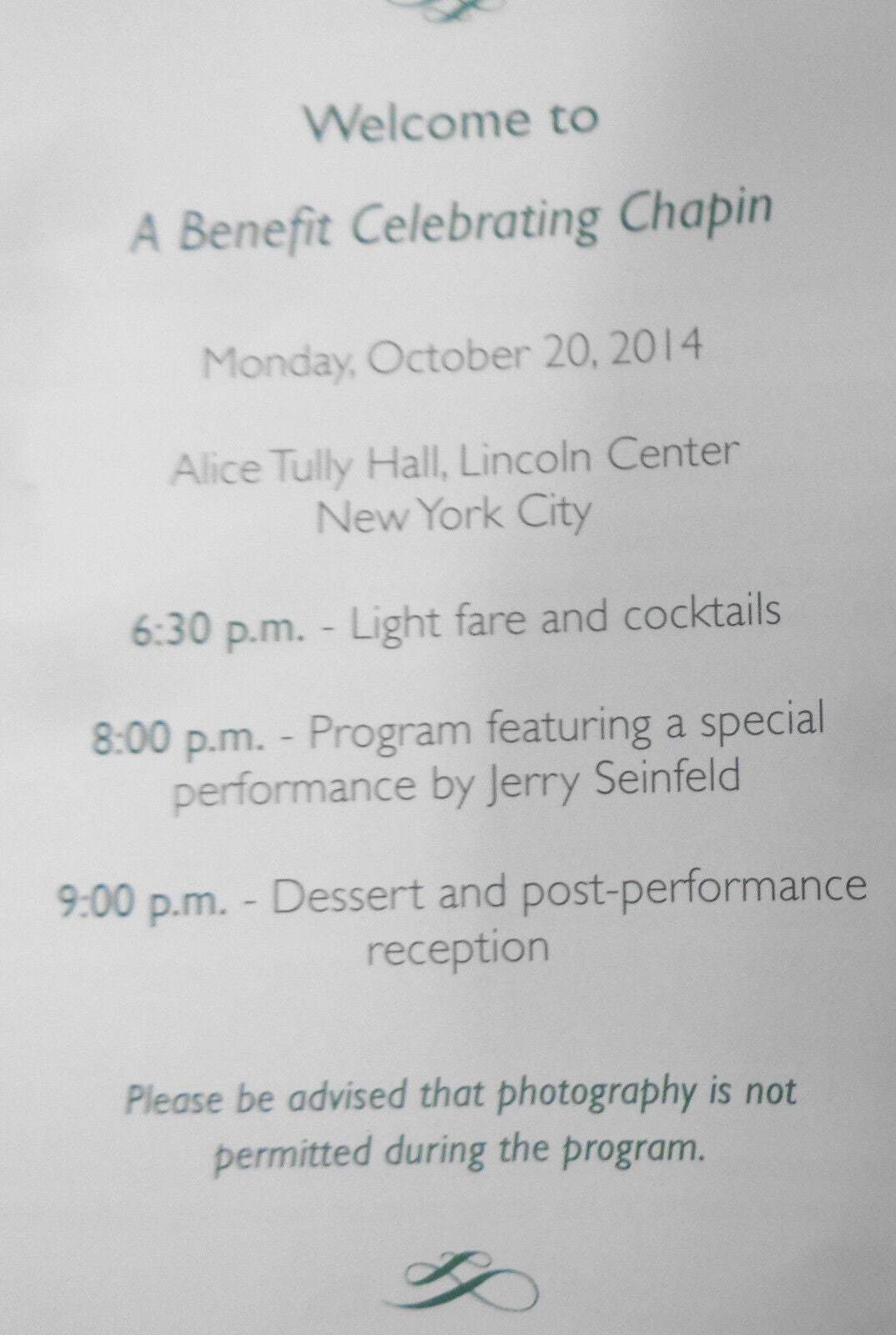A Benefit Celebrating Chapin - featuring Jerry Seinfeld, Souvenir Program, 2014