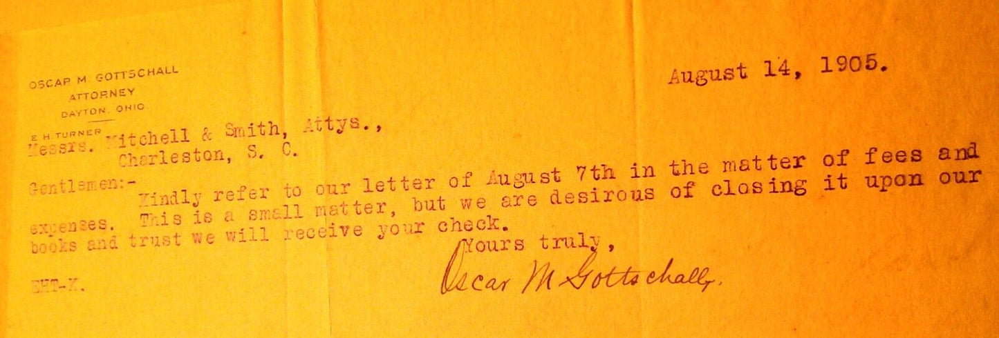 1905 Legal dunning letter from Oscar M. Gottschall, Attorney, Dayton, Ohio