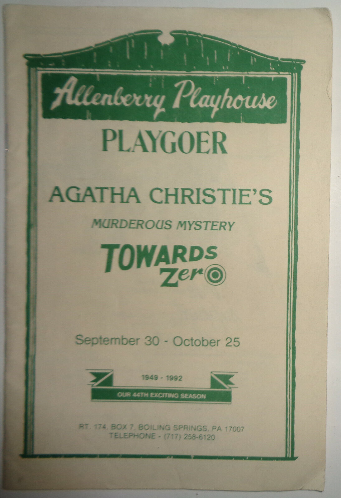Agatha Christie's Towards Zero - Allenberry Playgoer Souvenir Program - 1992