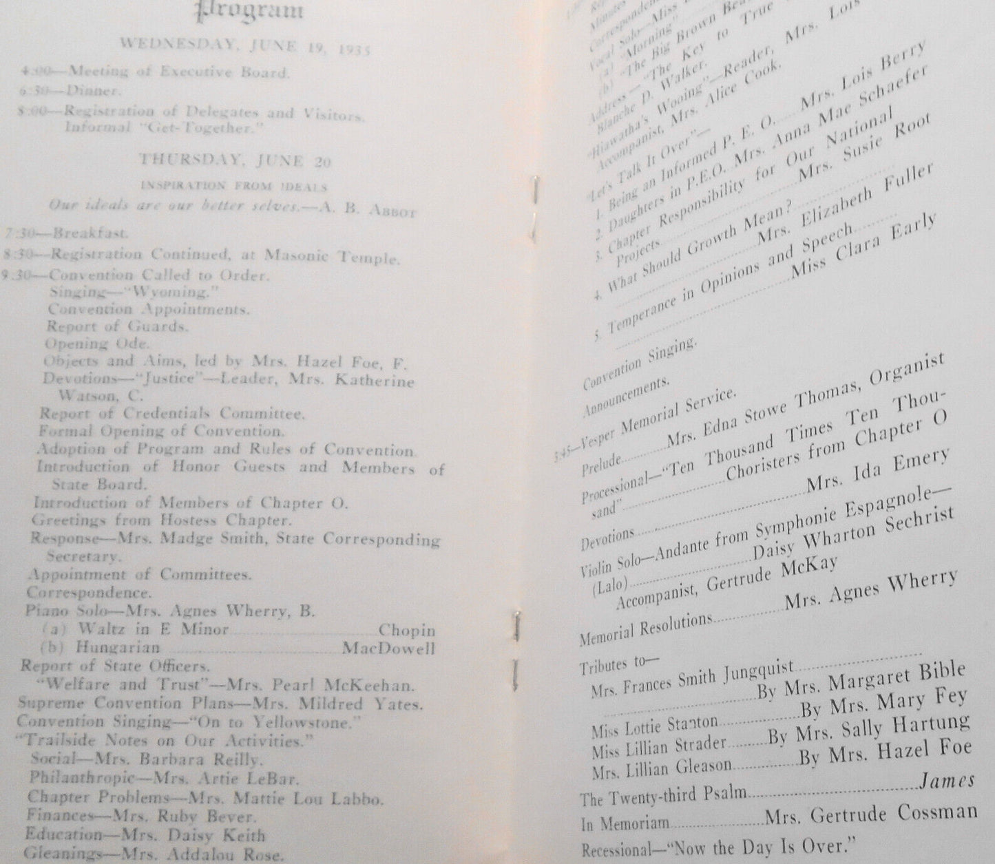 1935 P.E.O. Sisterhood 14th Convention Program, State Chapter, Casper Wyoming