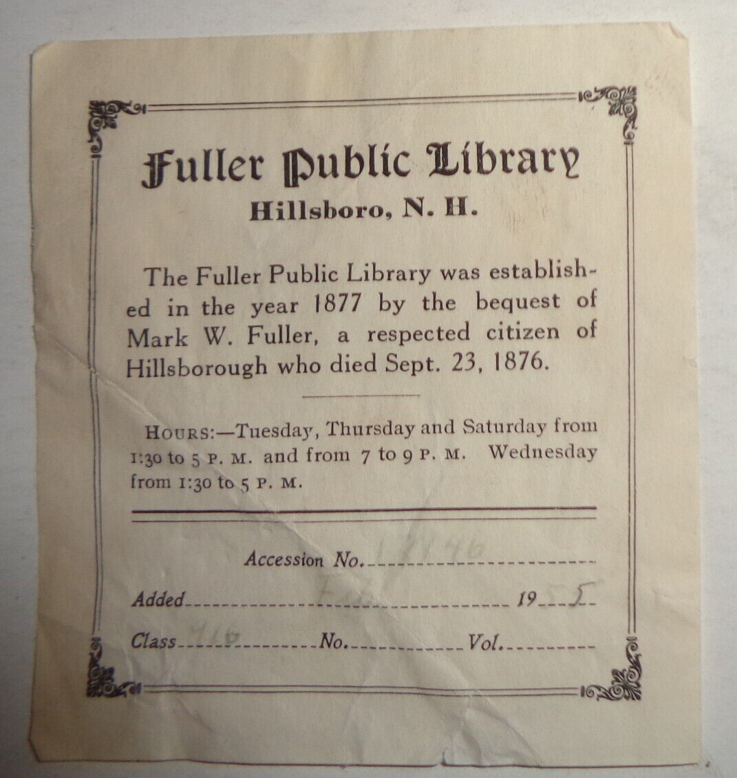 Fuller Public Library, Hillsboro, N.H. Bookplate