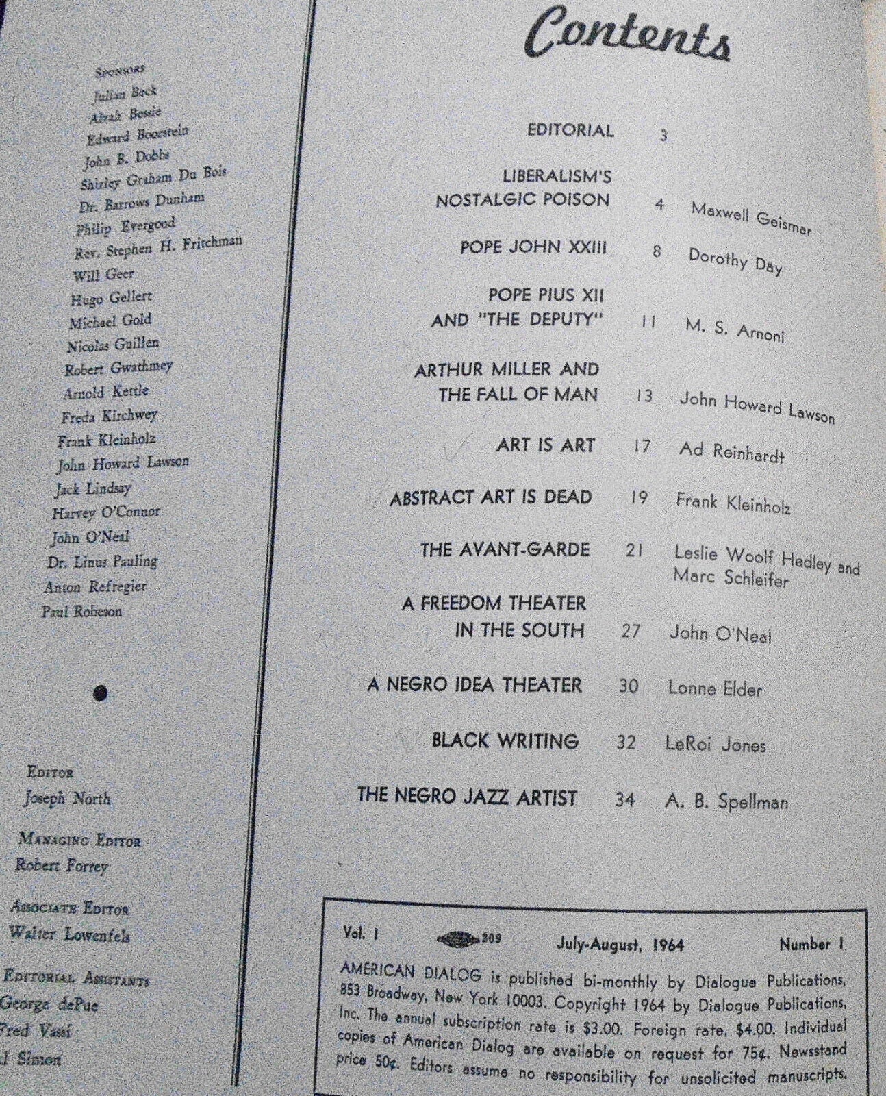 American Dialog - Premiere issue July-Aug 1964. Leroi Jones et al. Editor SIGNED