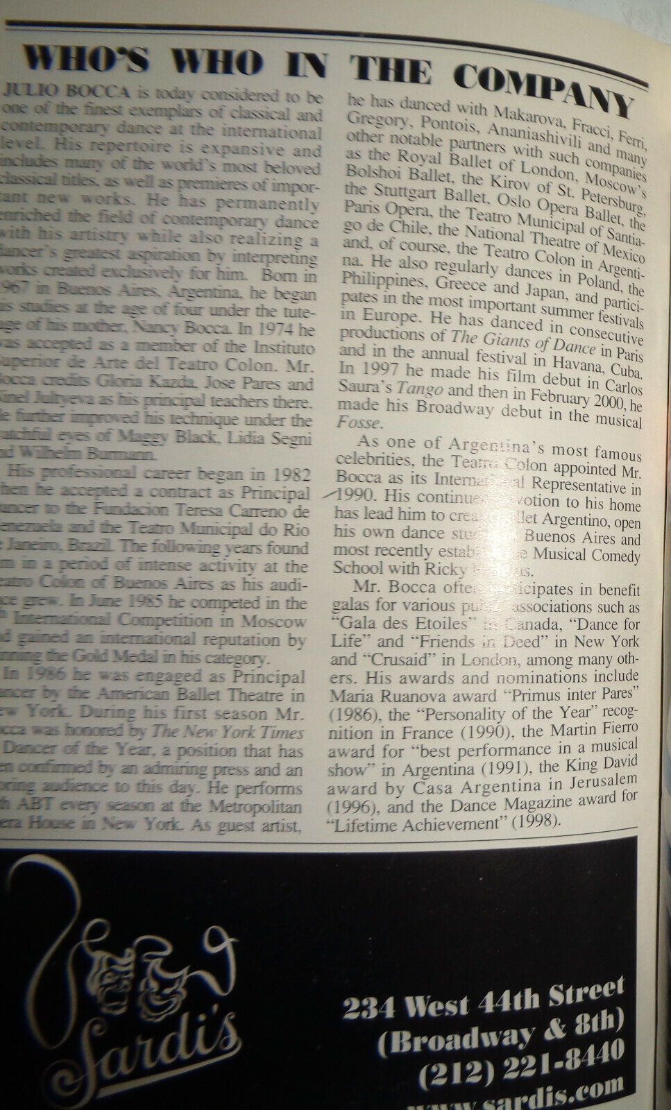 JULIO BOCCA & BALLET ARGENTINO - PLAYBILL - OCTOBER 31, 2000