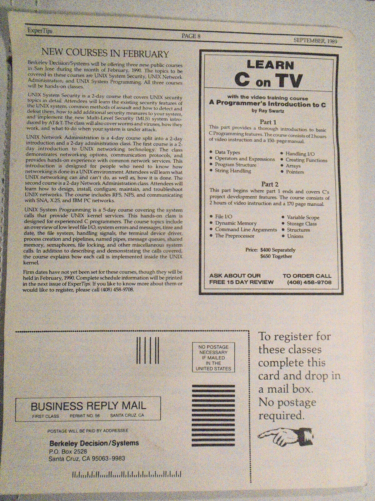ExperTips, September 1989 -- A C and UNIX Newsletter - Vol. 3, No. 1