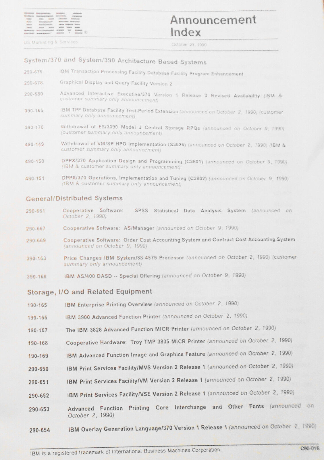 IBM Announcement Letter Summary, 10/23/1990 : System/370, Cooperative Processing