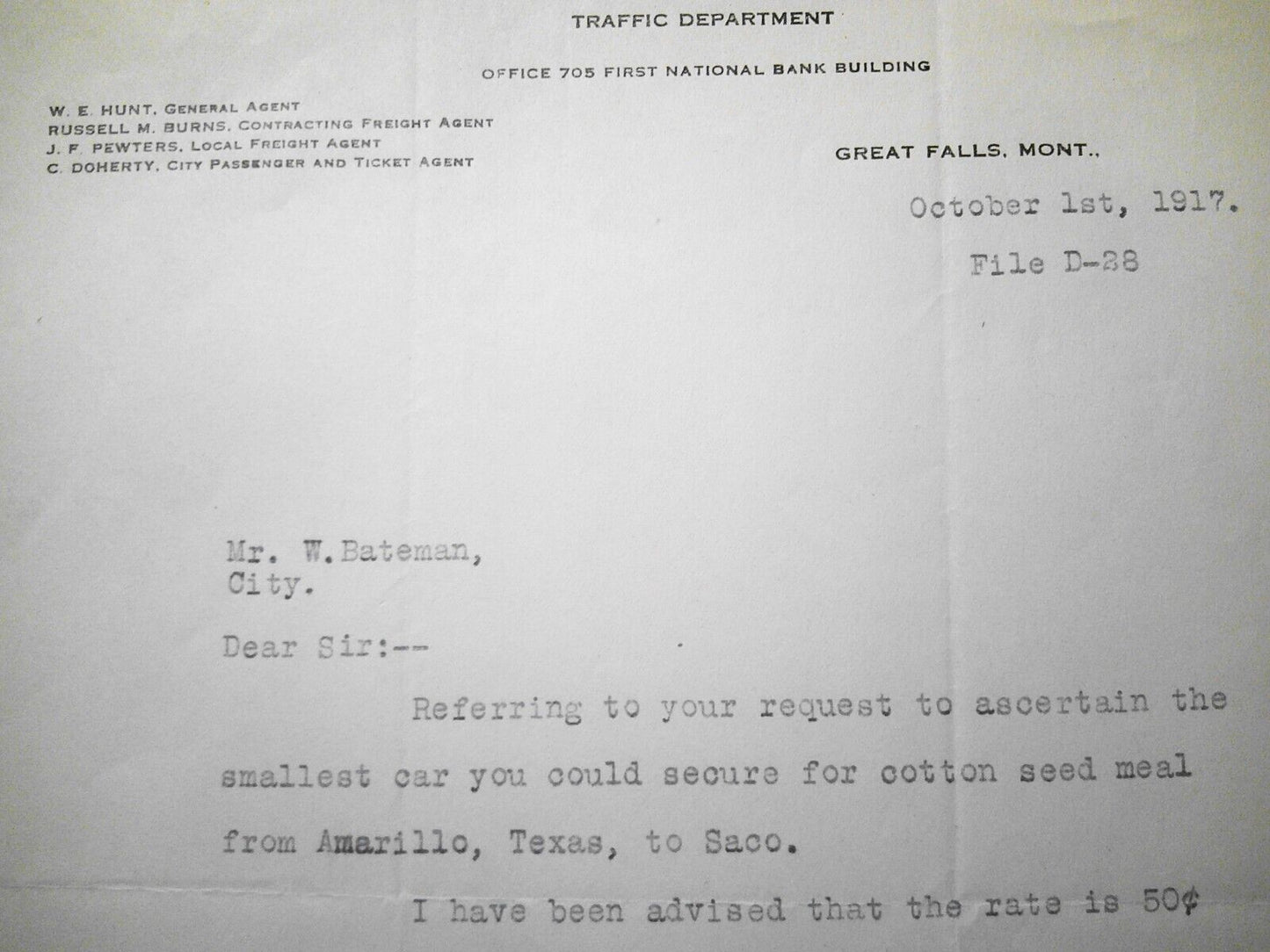1917 Great Northern Railway Company - Letter with quote from Amarillo TX to Saco
