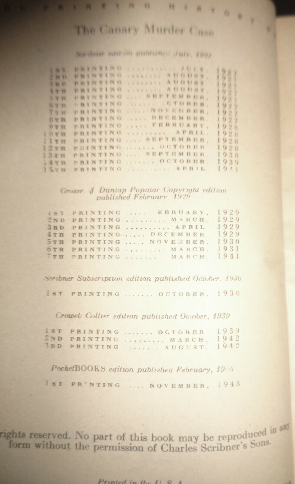 The Canary Murder Case by S.S. Van Dine. 1st Pocket Books printing 1943