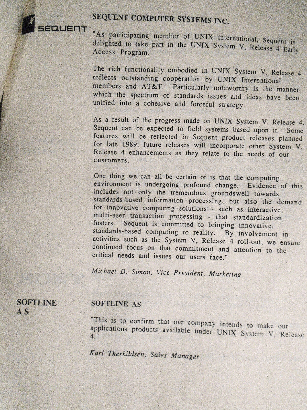 1989 Statements of support by 172 companies for UNIX System V, Release 4