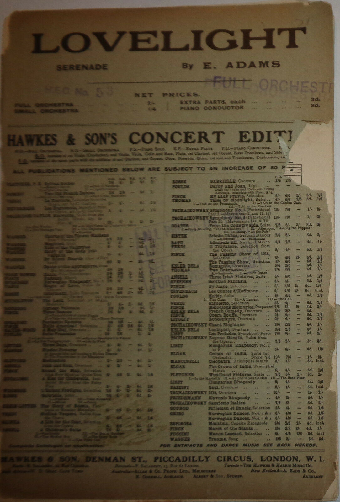 LOVELIGHT. SERENADE - SHEET MUSIC FOR ORCHESTRA. By E. Adams - 1917