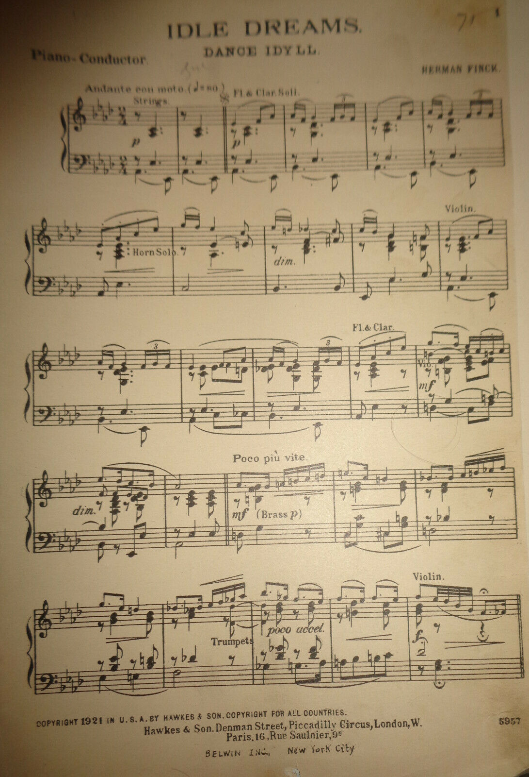 IDLE DREAMS, DANCE IDYLL - BY HERMAN FINCK - 1921 - SHEET MUSIC FOR ORCHESTRA