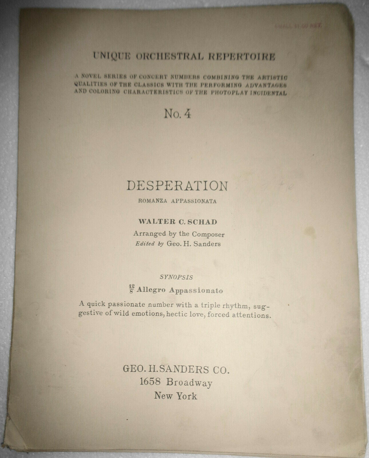 DESPERATION - ROMANZA APPASSIONATA, by Walter C Schad. 1925 orchestra score