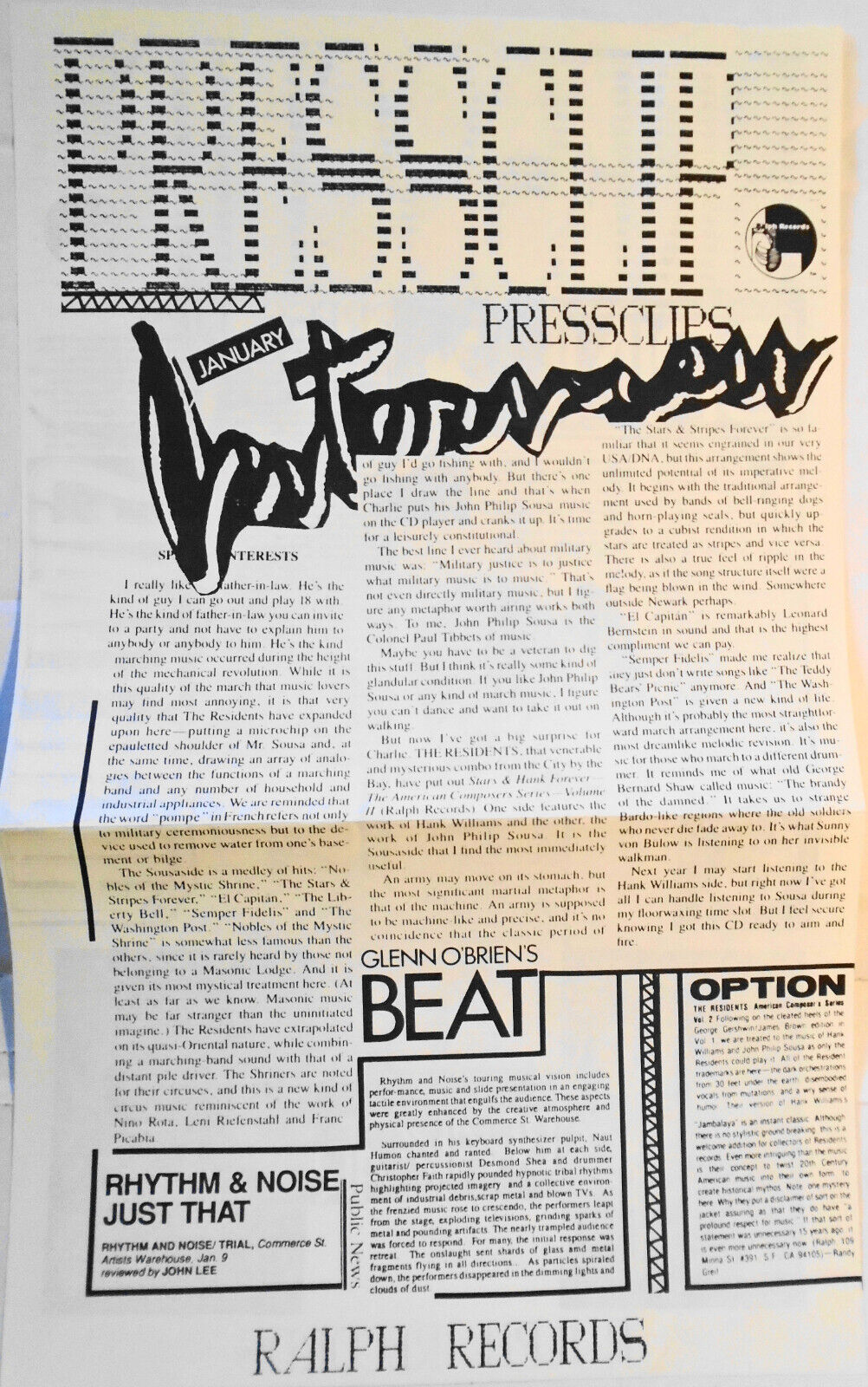 Pressclips, by Ralph Records.  January 1987 The Residents, etc.