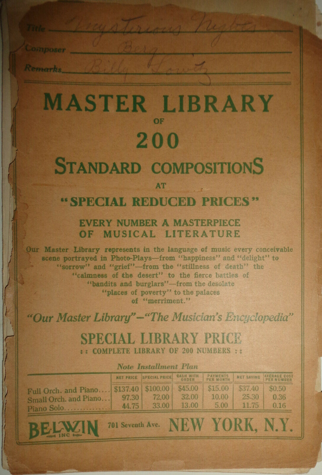 Mysterious nights : valse dramatique, by S M Berg.1919 for orchestra