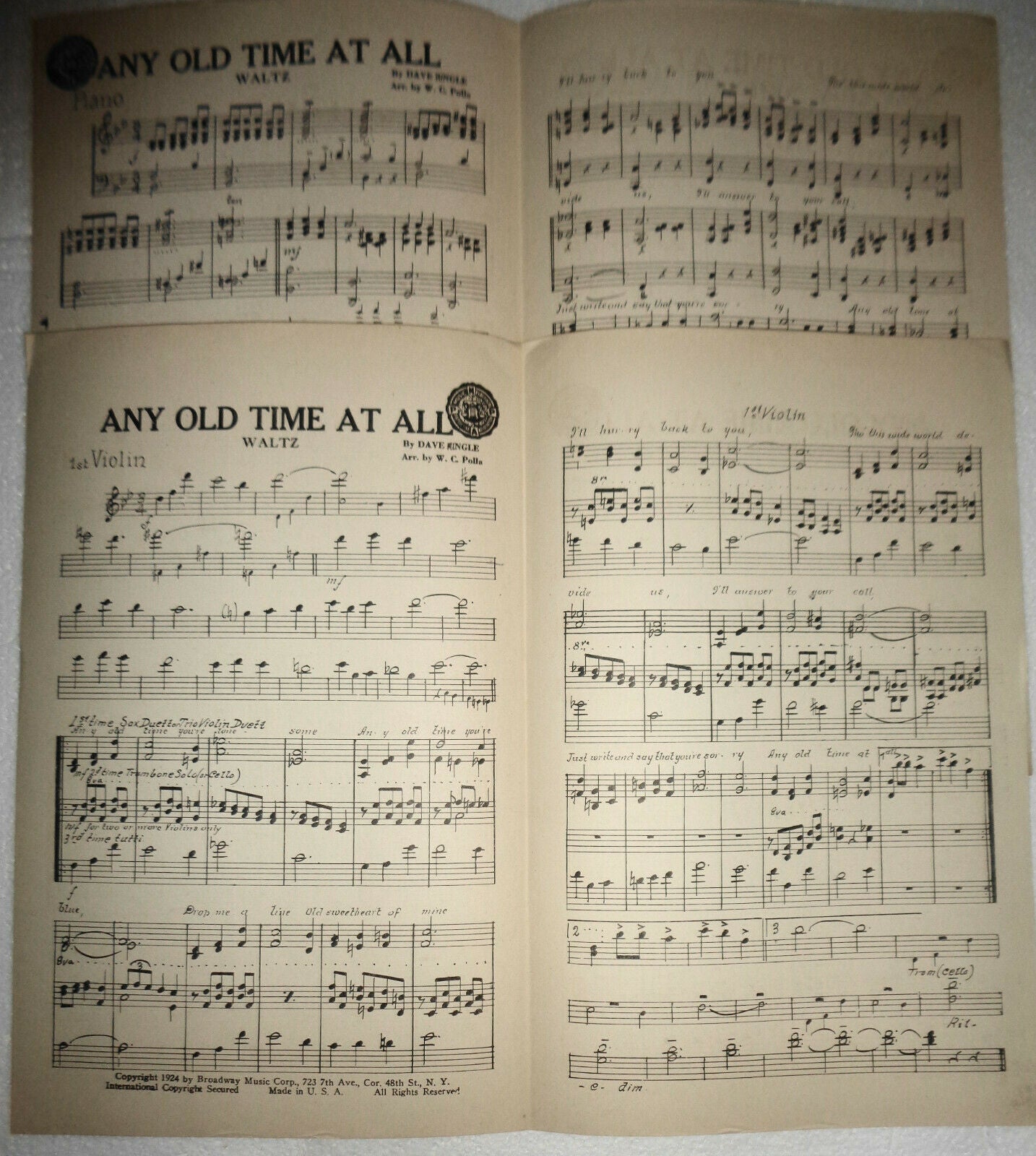 Any Old time at all, by Dave Ringle - Arr. by W. C. Polla - 1924 for orchestra