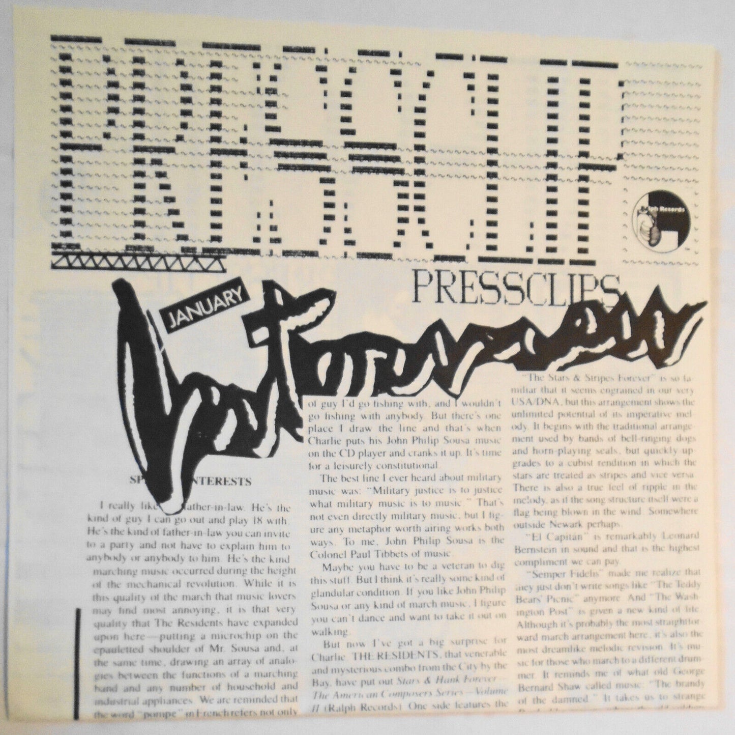 Pressclips, by Ralph Records.  January 1987 The Residents, etc.