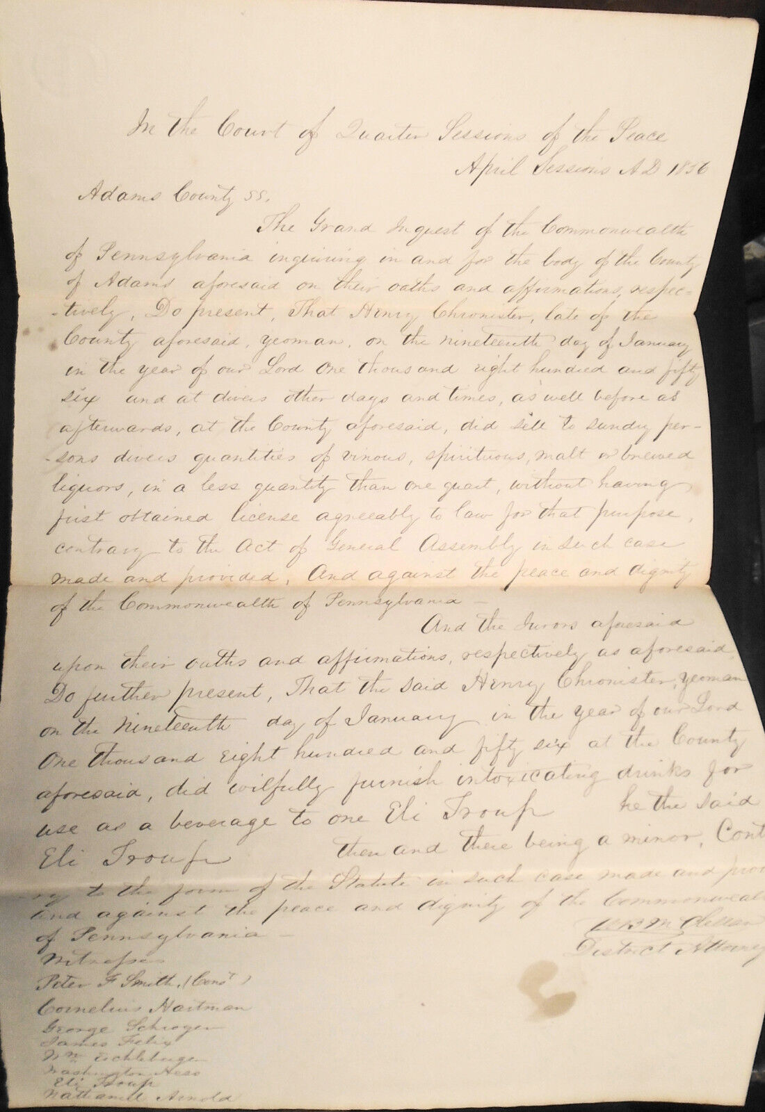 1856 Selling liquor without license to a minor - Gettysburg Pennsylvania.