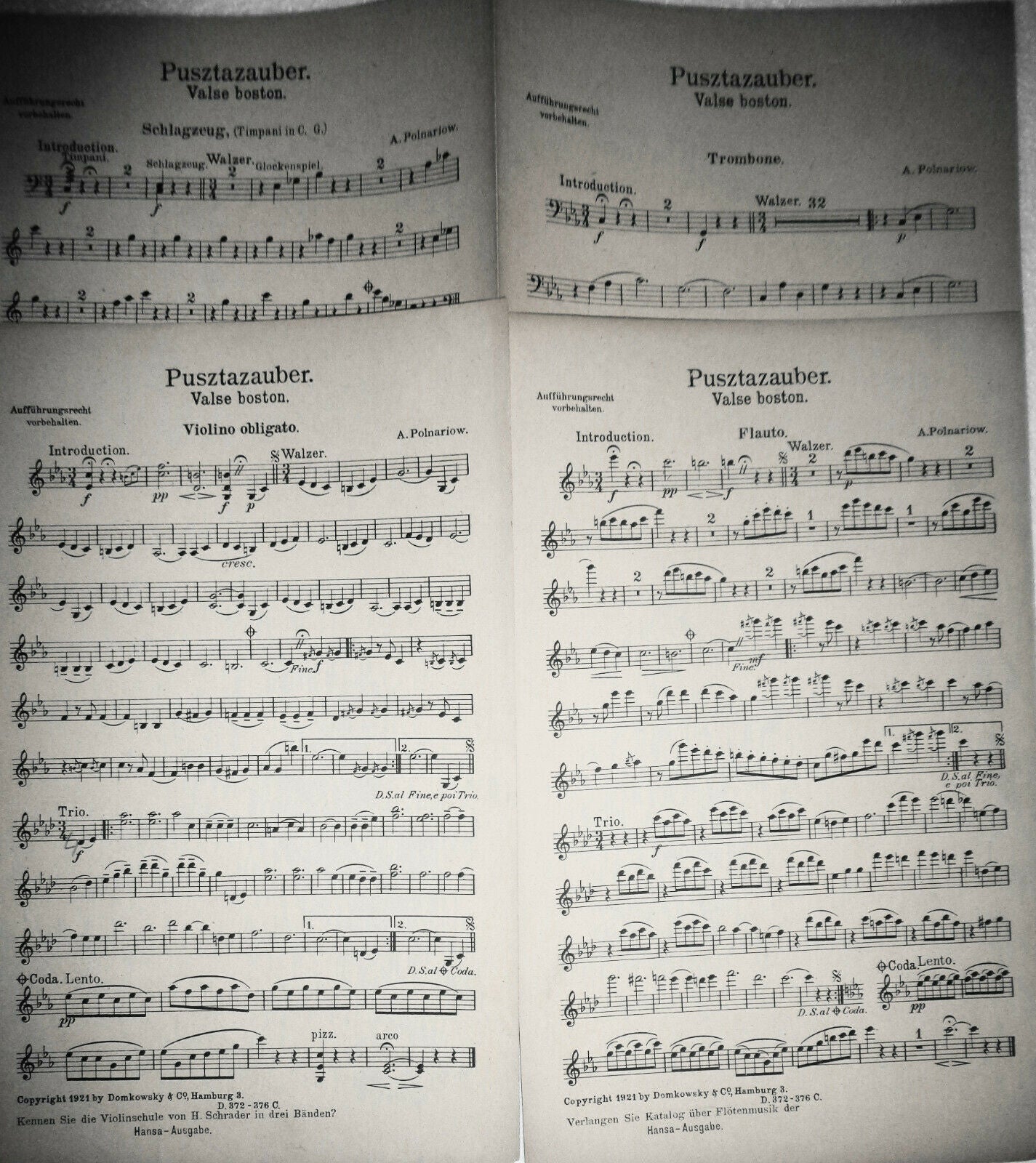PUSZTAZAUBER - VALSE BOSTON - By A. POLNARIOW. 1921 ORCHESTRA SCORE