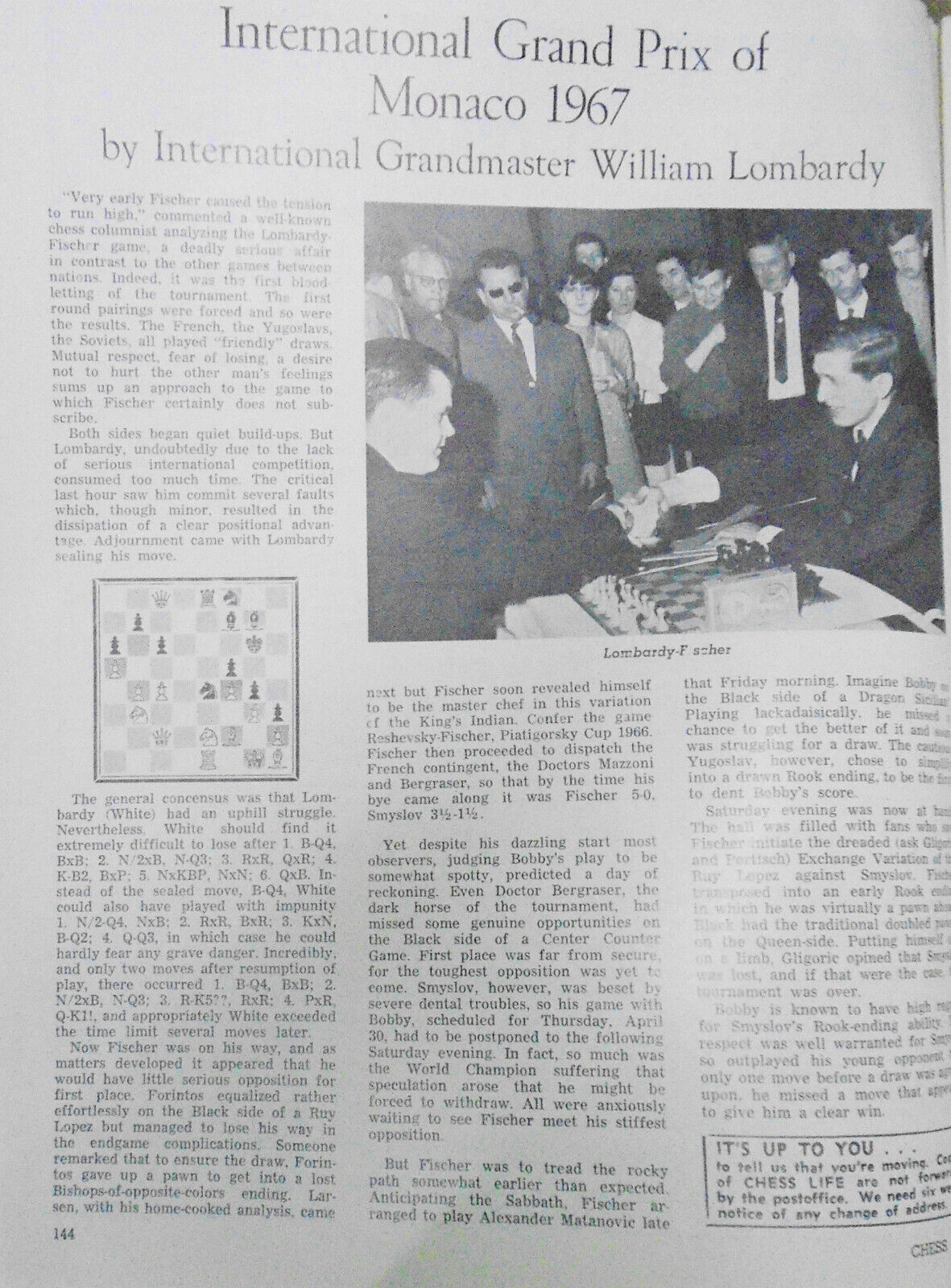 Chess Life, June 1967 - Monaco 1967: Bobby Fischer & Bill Lombardy.
