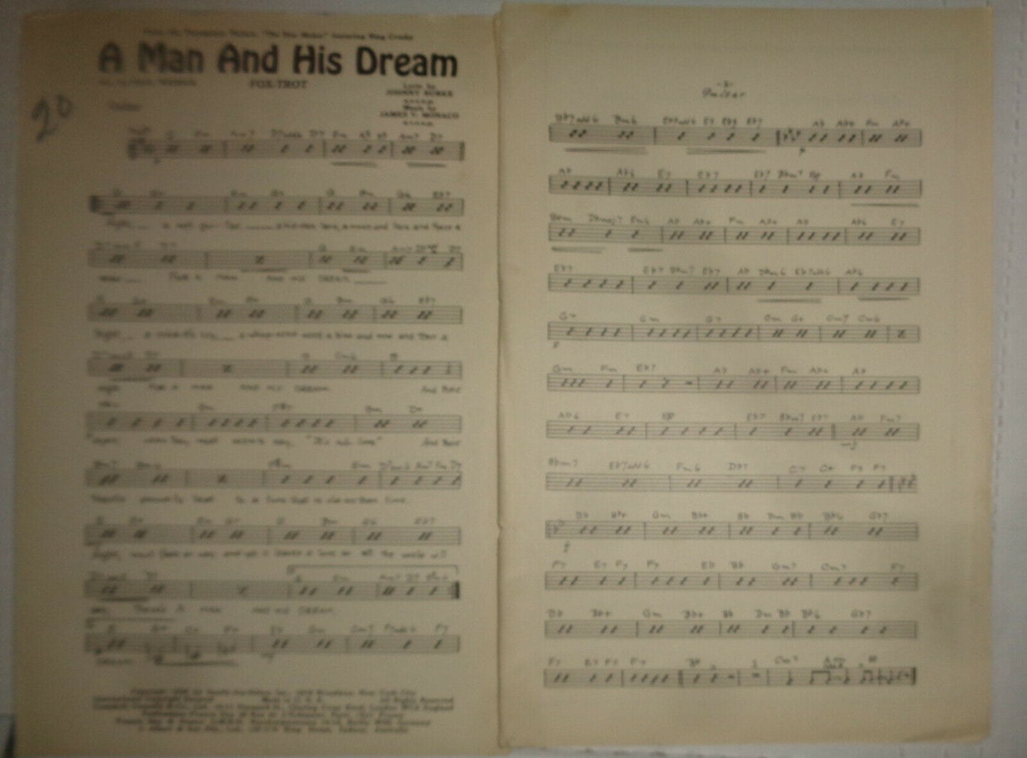 A MAN AND HIS DREAM - - FOX TROT -- SHEET MUSIC FOR ORCHESTRA - 1939
