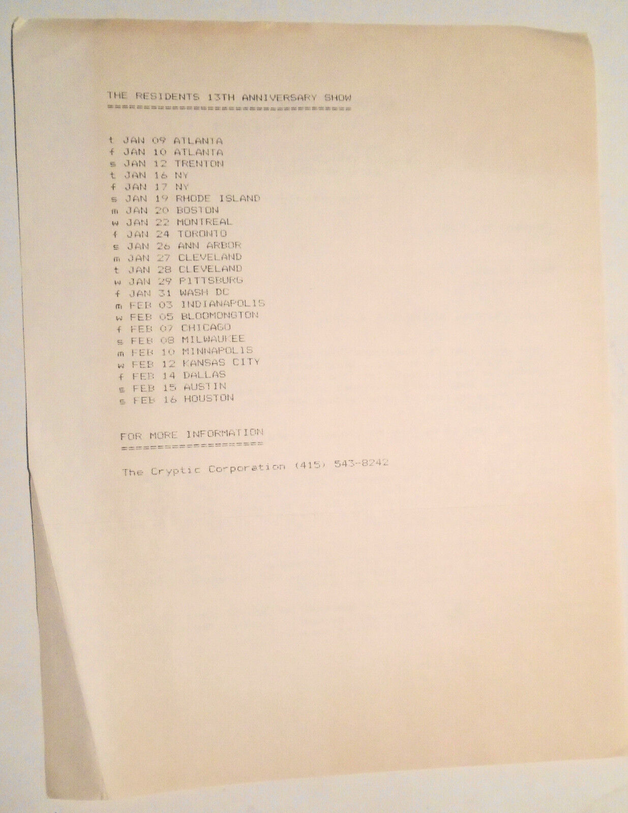 The Residents - 1985 Press release: Eyeball Stolen at L.A. Gig