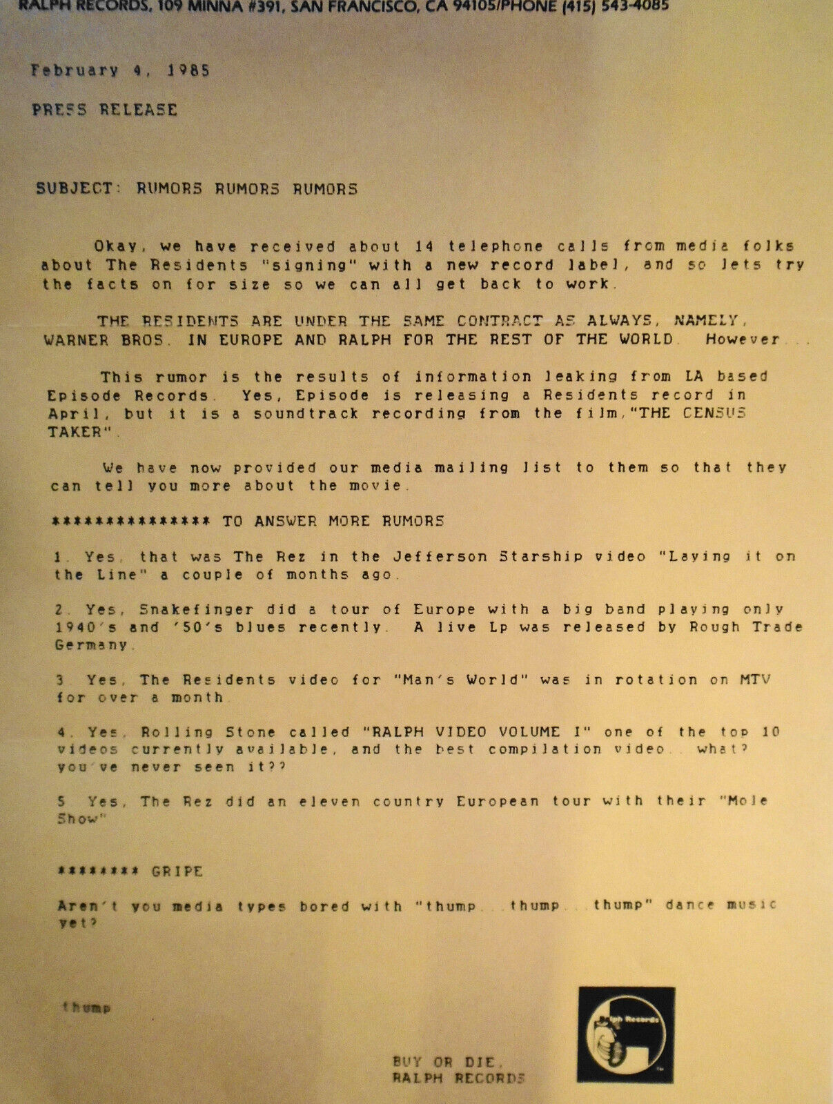 The Residents, Ralph Records Press Release addressing "Rumors". Feb 4, 1985