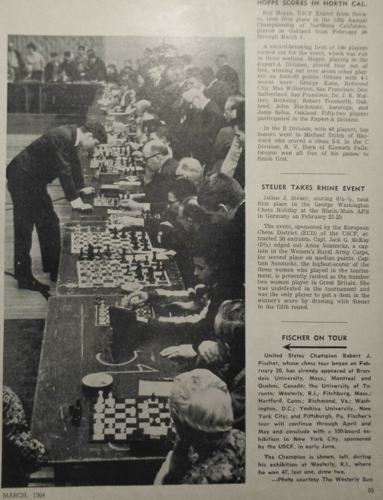 Chess Life, March 1964 - Bobby Fischer on Tour, Marshall Club NYC, etc..